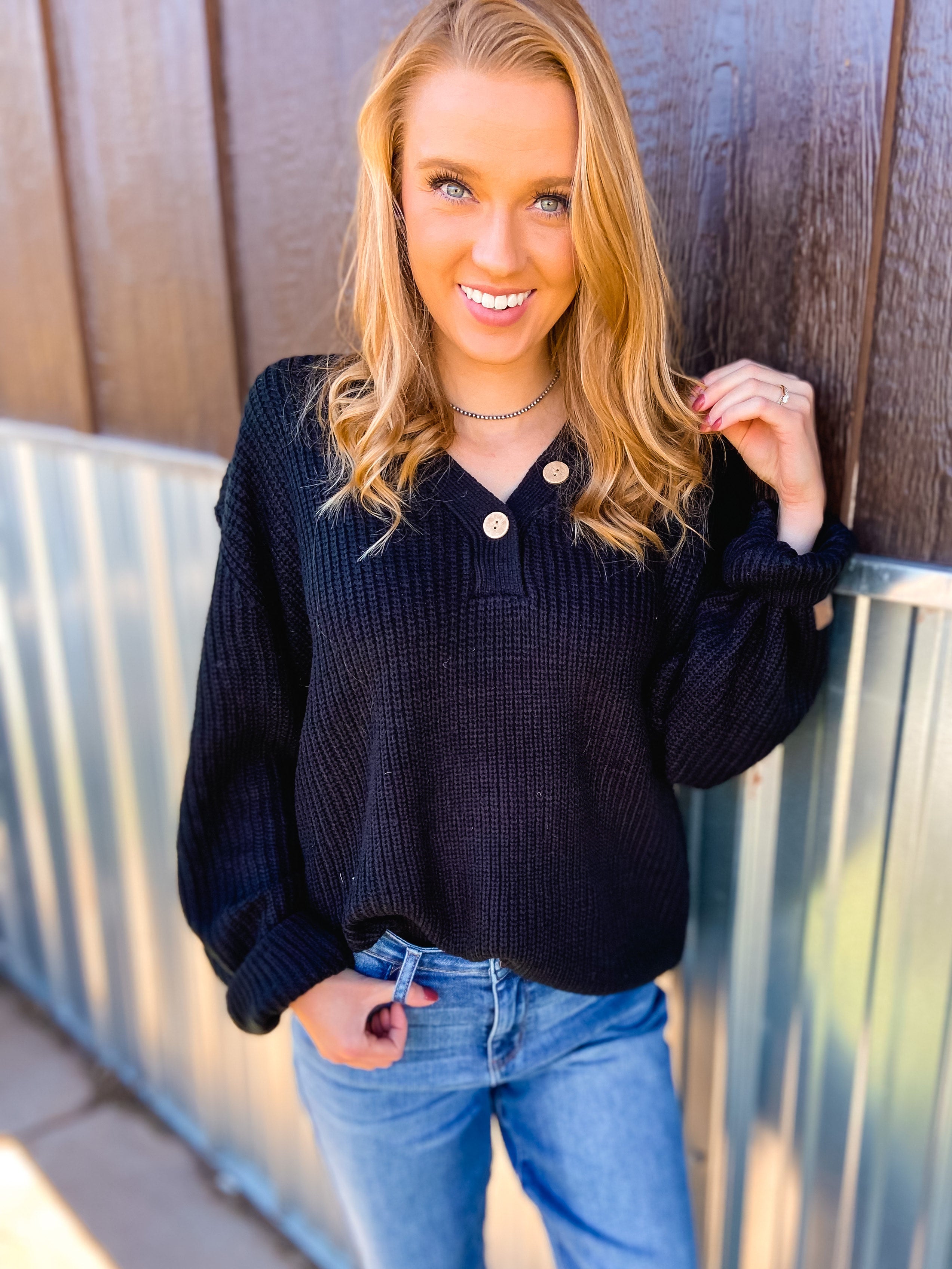 V neck knitted sweater w button details anomaly boutique